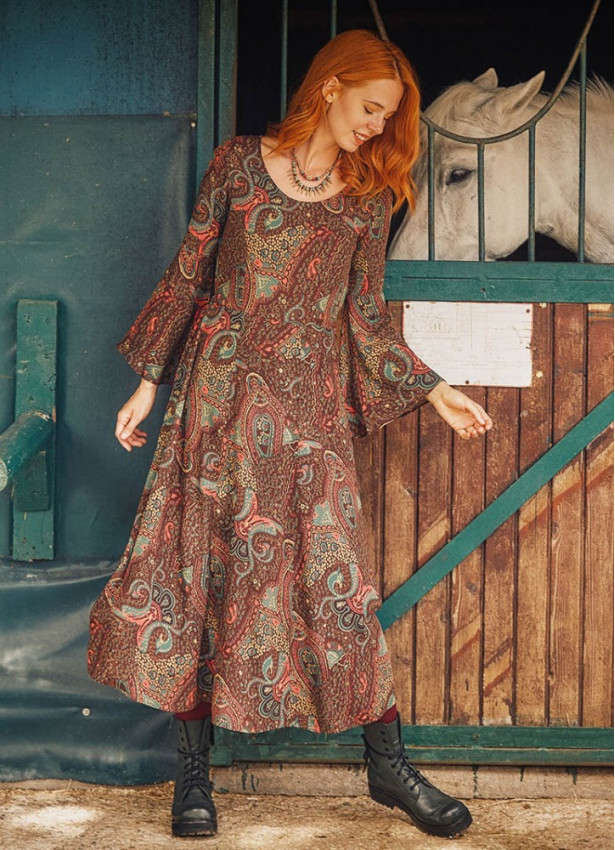 Ethnic Patterned Boat Neck Spanish Sleeve Women's Dress