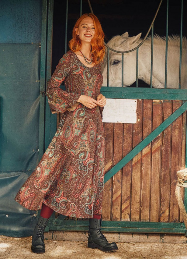 Ethnic Patterned Boat Neck Spanish Sleeve Women's Dress