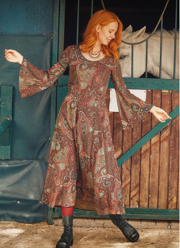 Ethnic Patterned Boat Neck Spanish Sleeve Women's Dress