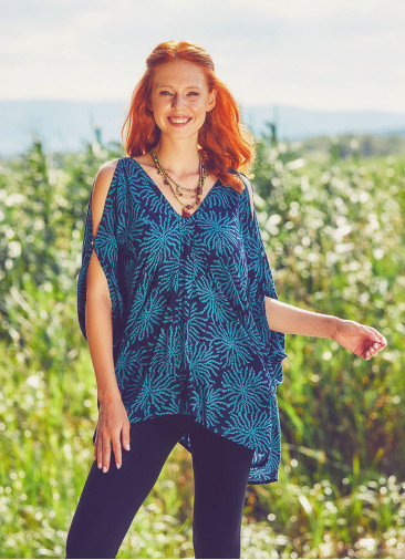 Hem Detailed Cold Shoulder Blue Tunic Top