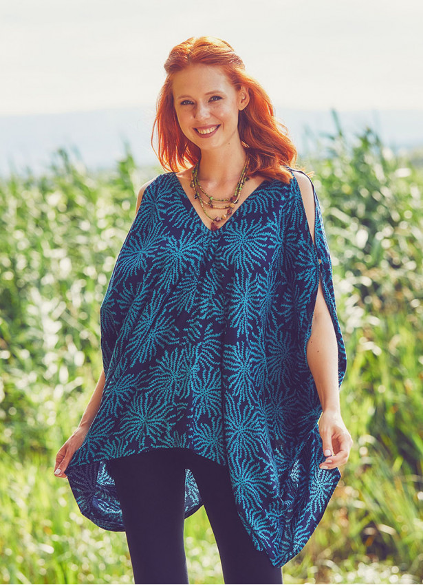 Hem Detailed Cold Shoulder Blue Tunic Top