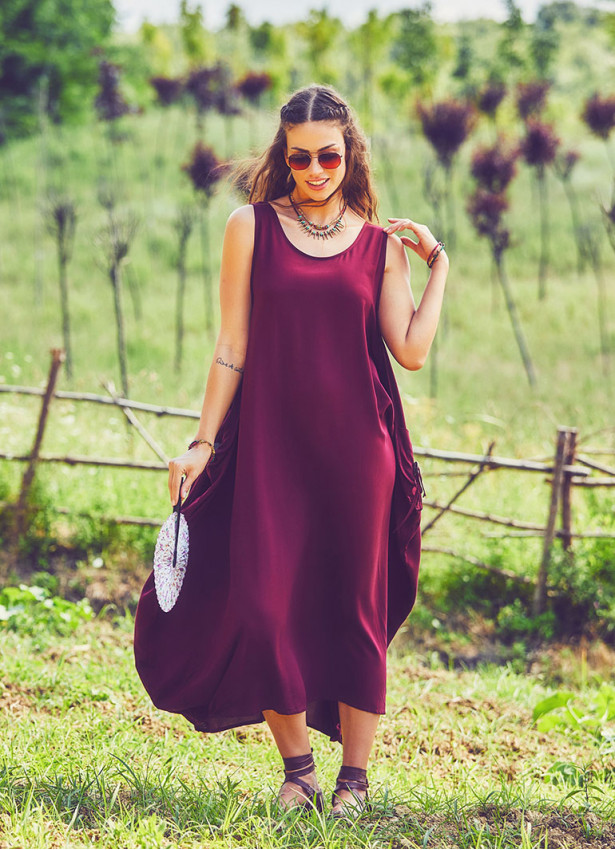 Bohemian Syle Scoop Neck Maxi Red Dress