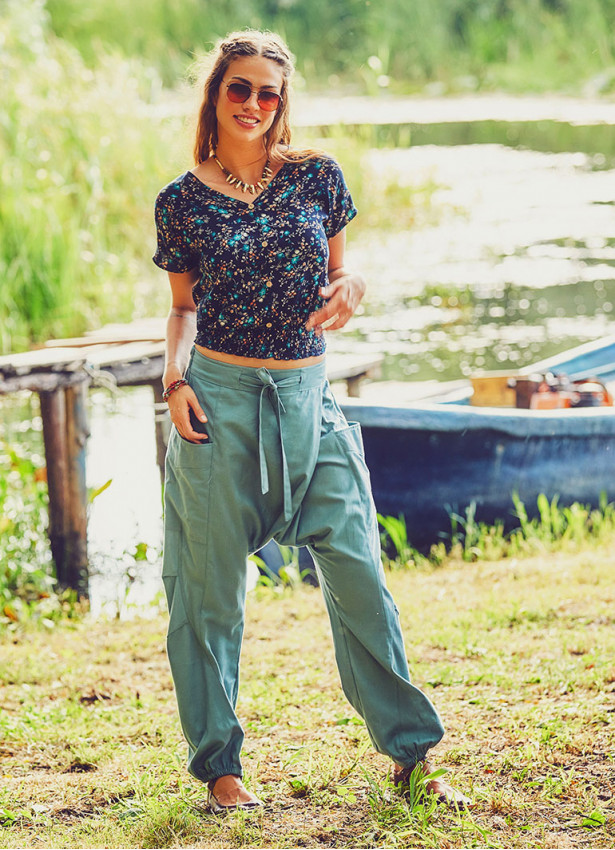 Adjustable Tie Waist Cotton Drop Crotch Harem Pants
