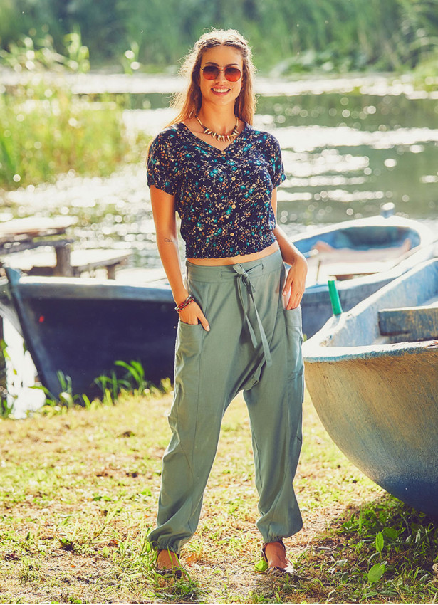 Adjustable Tie Waist Cotton Drop Crotch Harem Pants