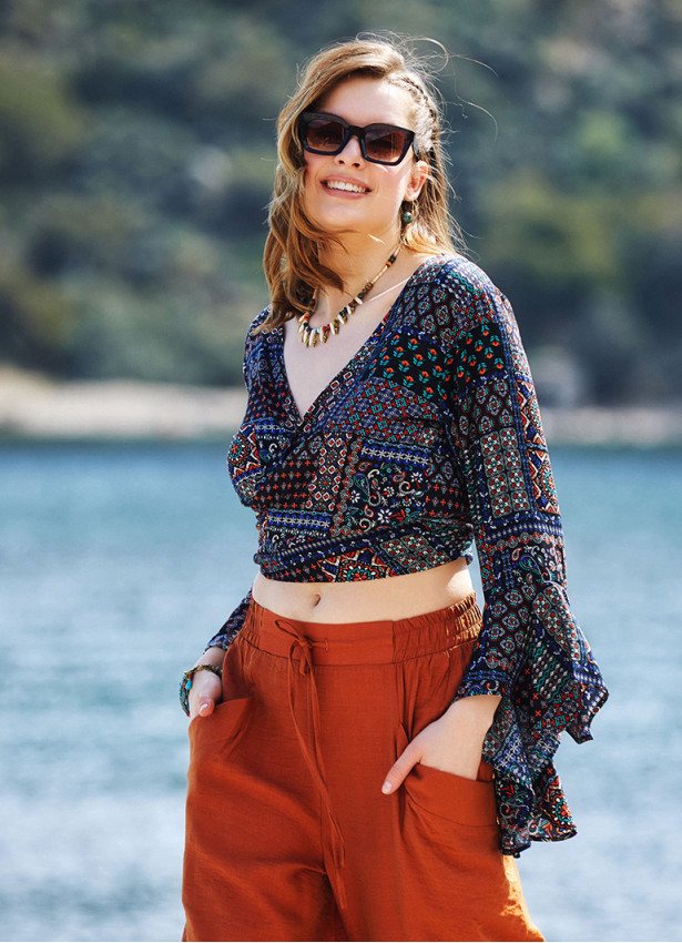 Black Patterned Gypsy Style Bell Sleeve Crop Top