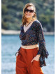 Black Patterned Gypsy Style Bell Sleeve Crop Top
