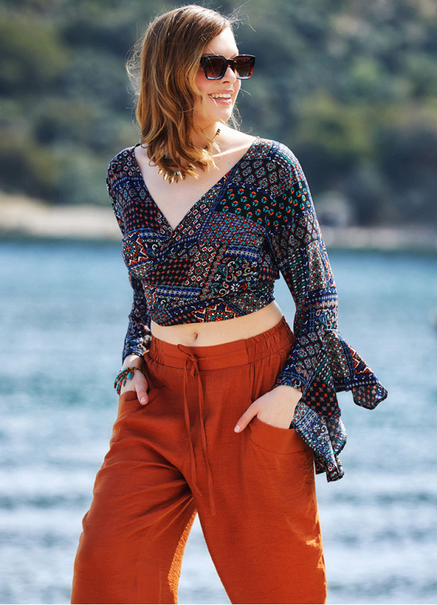 Black Patterned Gypsy Style Bell Sleeve Crop Top