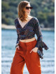 Black Patterned Gypsy Style Bell Sleeve Crop Top