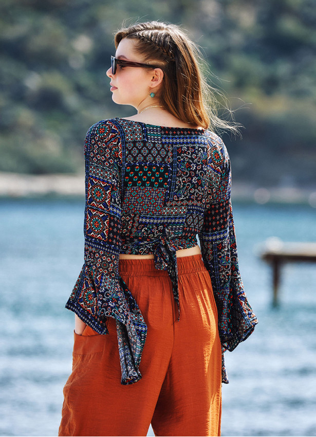 Black Patterned Gypsy Style Bell Sleeve Crop Top