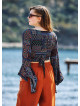 Black Patterned Gypsy Style Bell Sleeve Crop Top