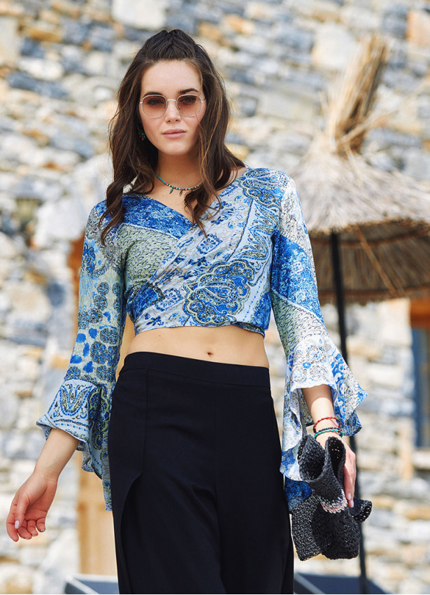 Blue Patterned Gypsy Style Bell Sleeve Crop Top