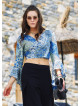 Blue Patterned Gypsy Style Bell Sleeve Crop Top
