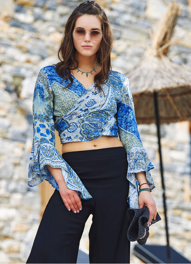 Blue Patterned Gypsy Style Bell Sleeve Crop Top