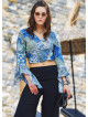 Blue Patterned Gypsy Style Bell Sleeve Crop Top