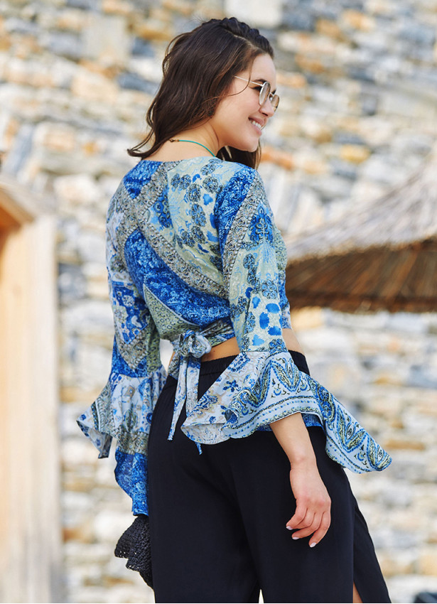 Blue Patterned Gypsy Style Bell Sleeve Crop Top