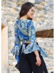 Blue Patterned Gypsy Style Bell Sleeve Crop Top