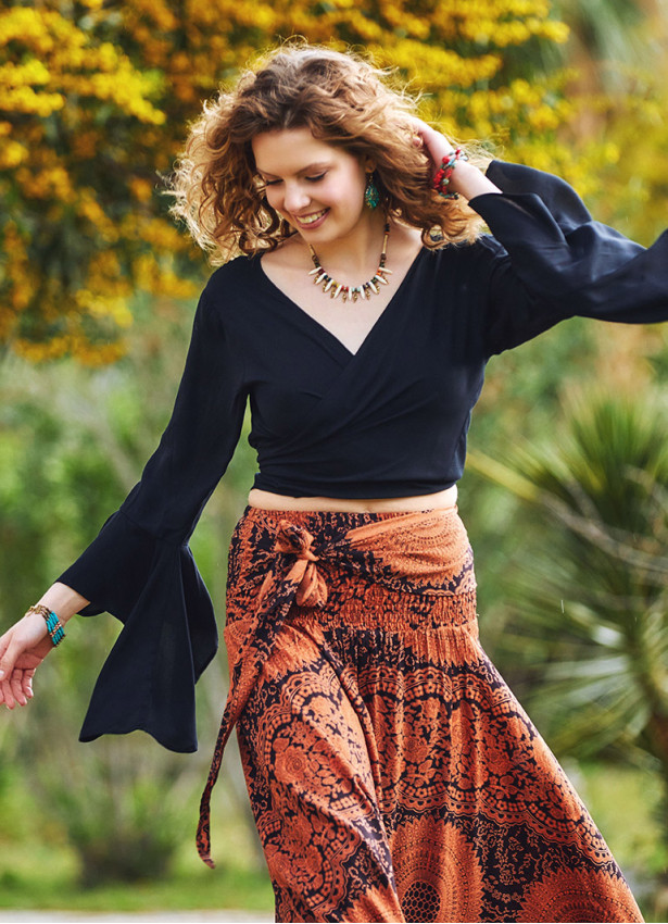 Black Gypsy Style Bell Sleeve Crop Top