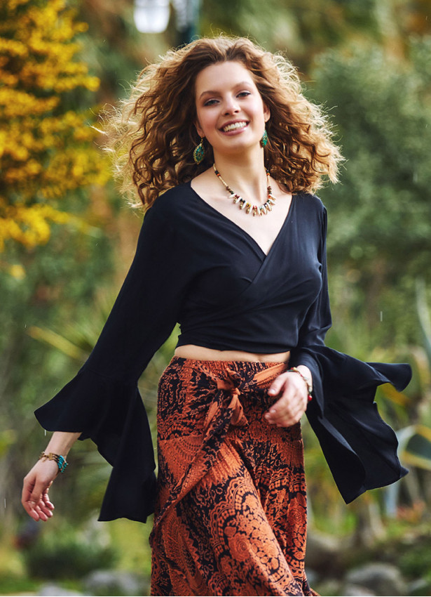 Black Gypsy Style Bell Sleeve Crop Top