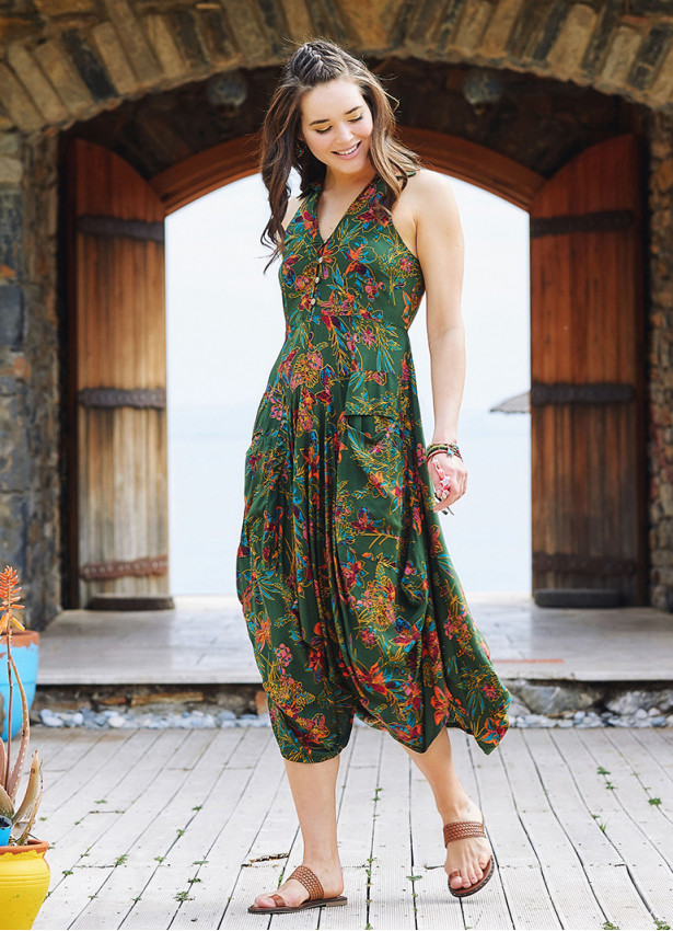 Green Shirt Collar Long Boho Dress