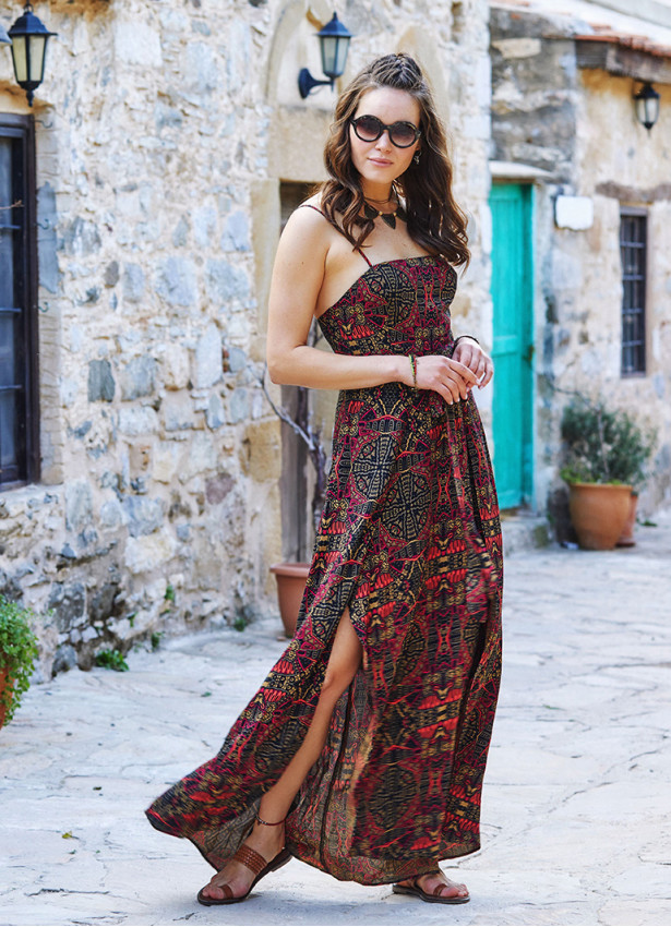 Ethnic Patterned Strappy Wrap Maxi Dress