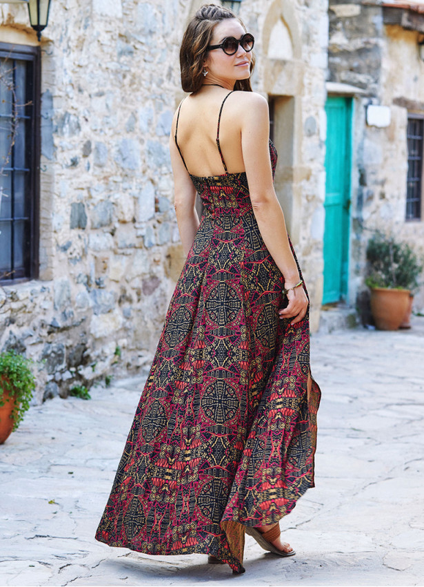 Ethnic Patterned Strappy Wrap Maxi Dress