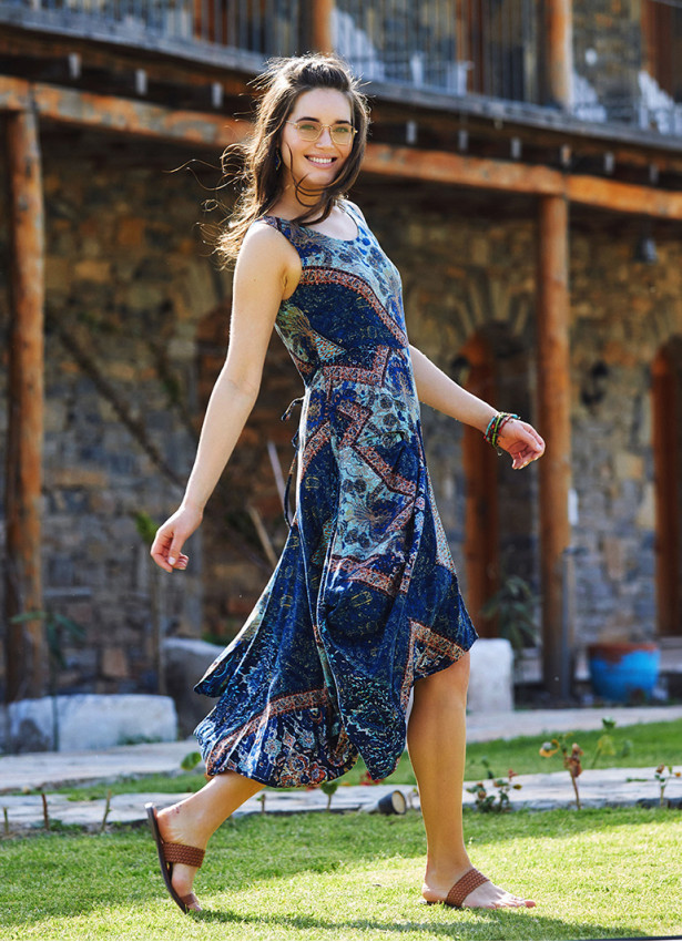 Blue Patterned Sleeveless Paisley Tie Waist Dress