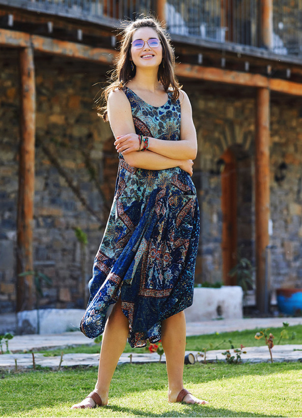 Blue Patterned Sleeveless Paisley Tie Waist Dress