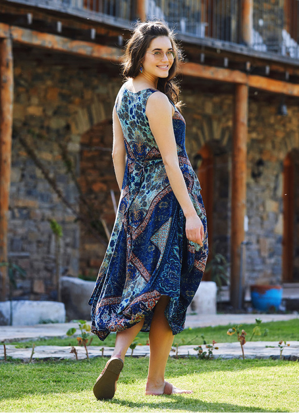 Blue Patterned Sleeveless Paisley Tie Waist Dress