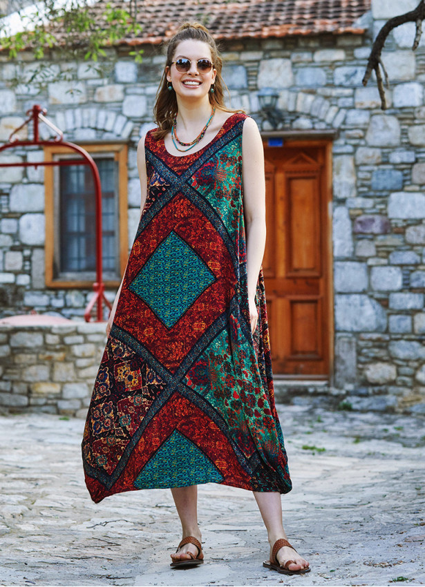 Ethnic Print Pocket Detailed Scoop Neck Loose Fit Maxi Sundress