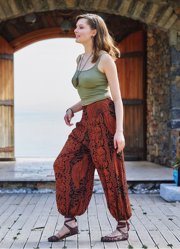 Orange Patterned Elastic Waist and Hem Mid Rise Harem Pants