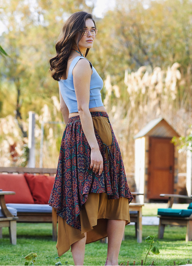 Retro Patterned Double Layered Midi Skirt