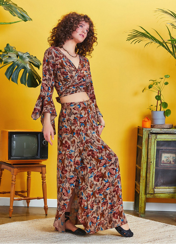 Elastic Waist Floral Print Long Slit Skirt