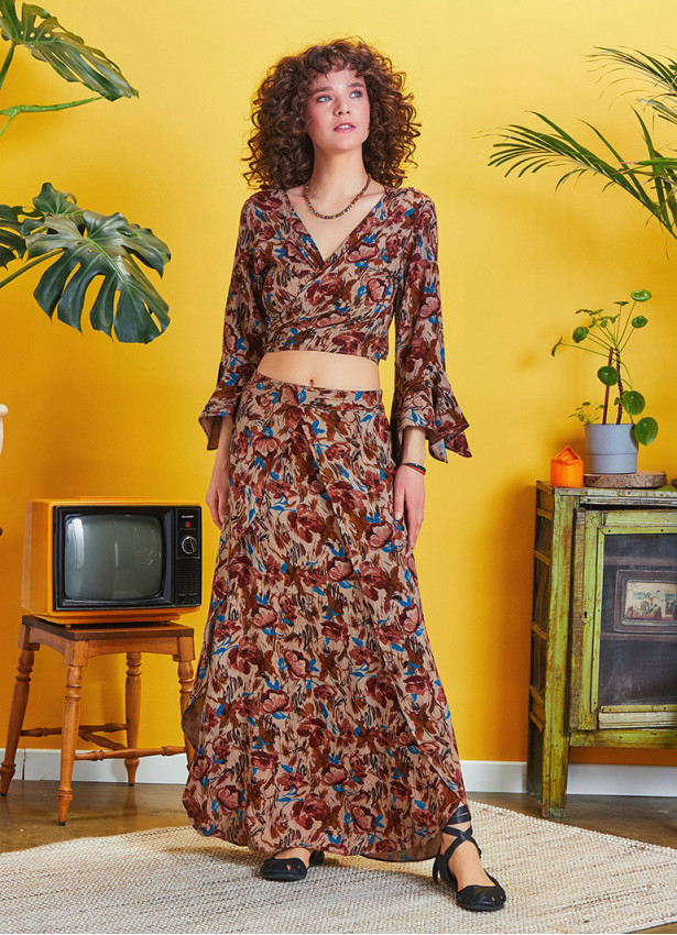 Elastic Waist Floral Print Long Slit Skirt