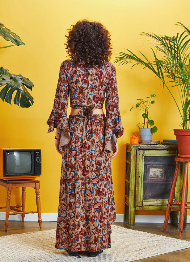 Elastic Waist Floral Print Long Slit Skirt