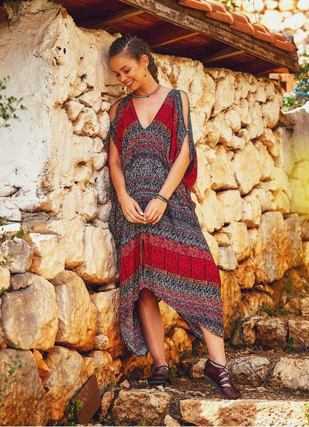 V Neck Cold Shoulder Loose Fit Wholesale Gypsy Style Summer Dress