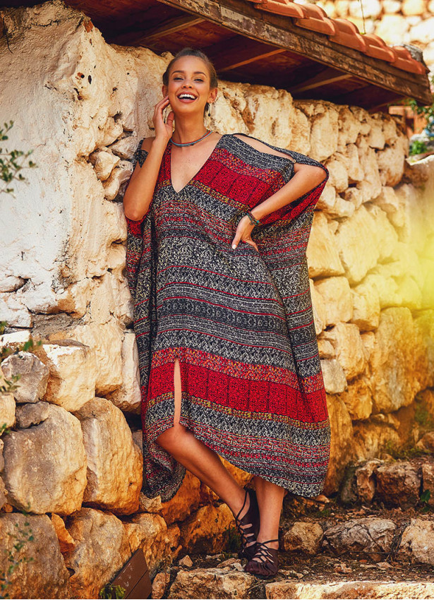 V Neck Cold Shoulder Loose Fit Wholesale Gypsy Style Summer Dress