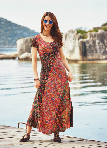 Half Sleeve Patchwork Maxi Boho Dress