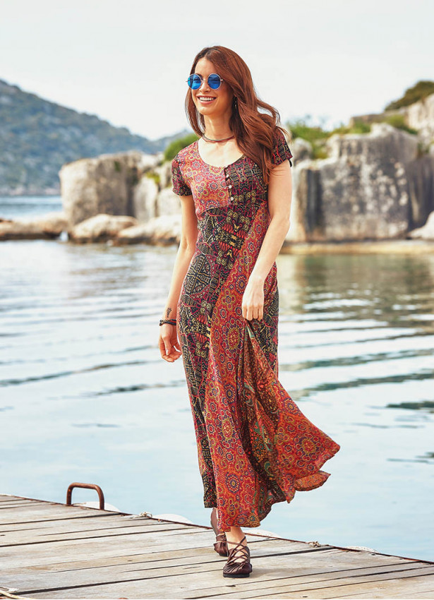 Half Sleeve Patchwork Maxi Boho Dress