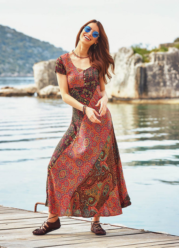 Half Sleeve Patchwork Maxi Boho Dress