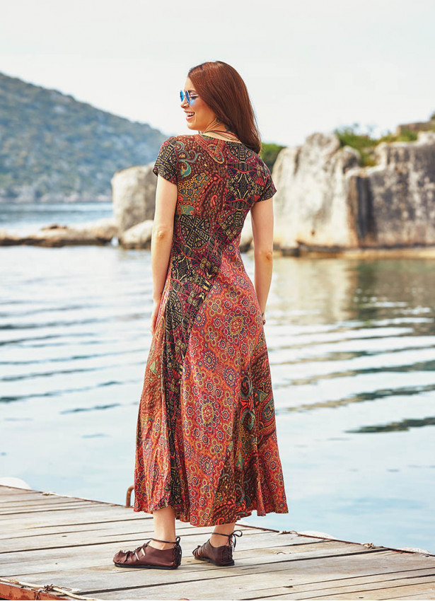 Half Sleeve Patchwork Maxi Boho Dress