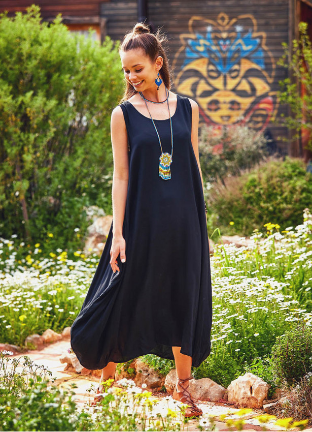 Sleeveless Pocket Detailed Boho Style Black Loose Fit Long Dress