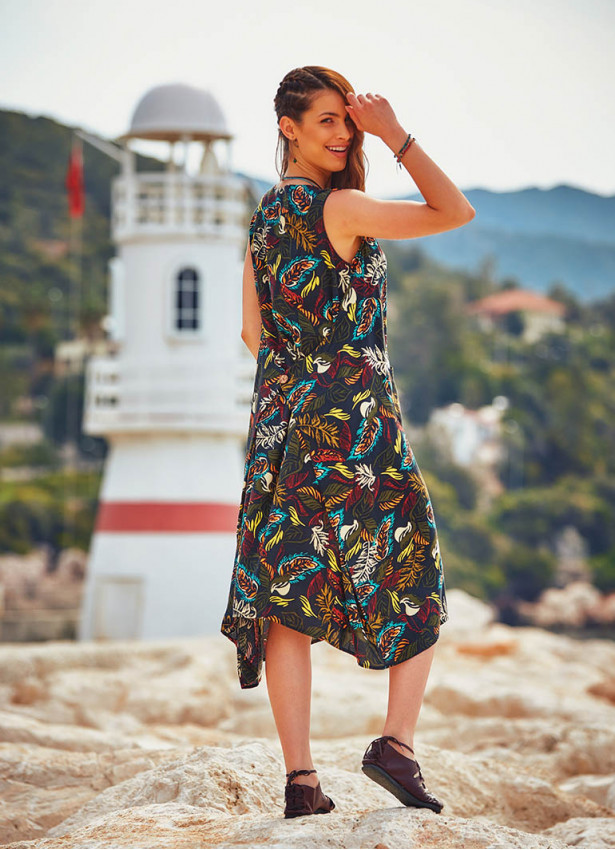 Amazon Print Binding Detail Sleeveless Black Dress