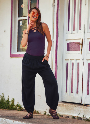 Boho Style Elastic Waist Black Baggy Pants