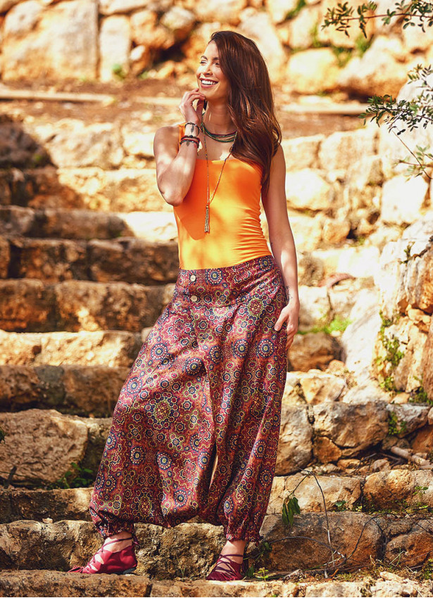 Retro Print Elastic Waist Wrap Front Detail Bohemian Harem Winter Pants