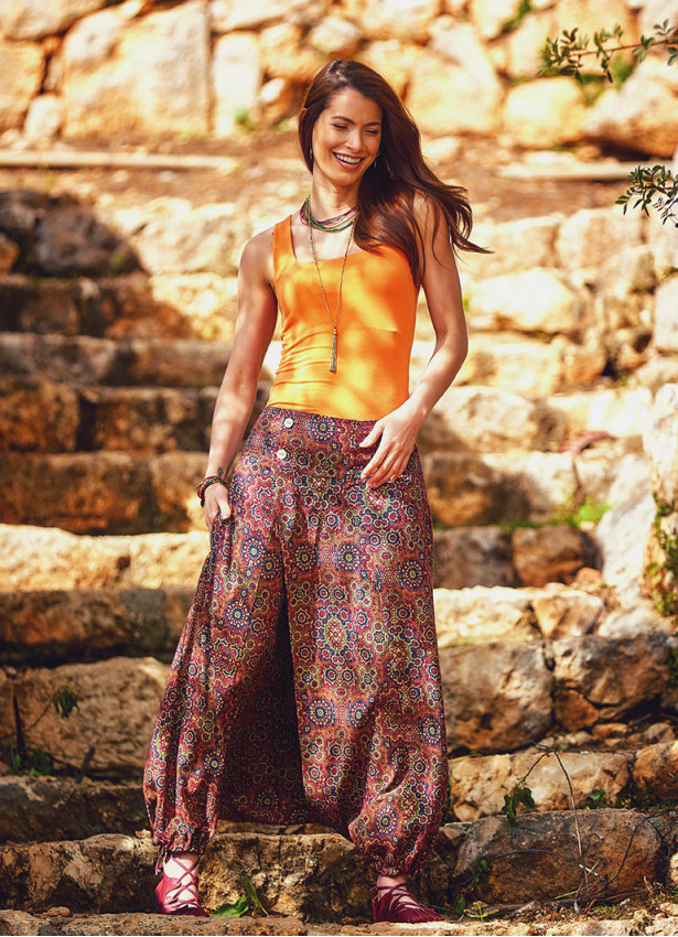 Retro Print Elastic Waist Wrap Front Detail Bohemian Harem Winter Pants