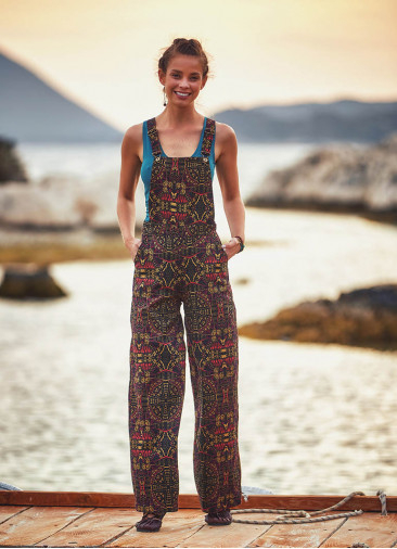 Ethnic Patterned Adjustable Buckle Straps Jumpsuit