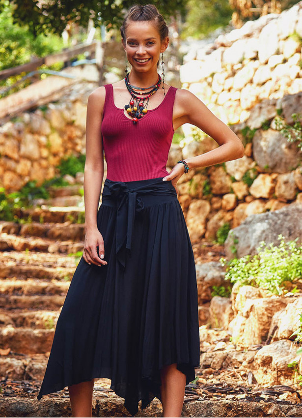 Asymmetrical Hem Detailed Tie Waist Boho Chic Flowy Midi Skirt
