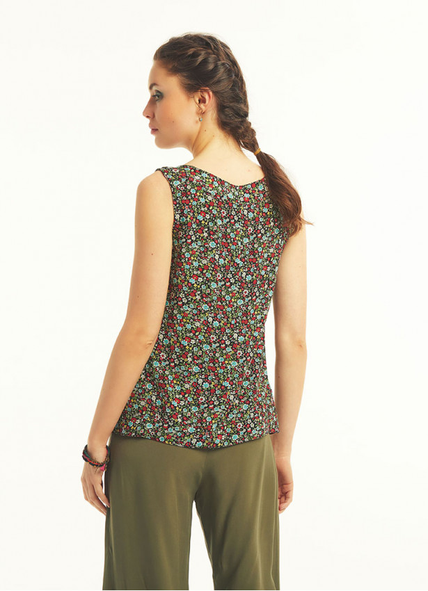 Green Floral Buttoned Navy Blue Blouse Top