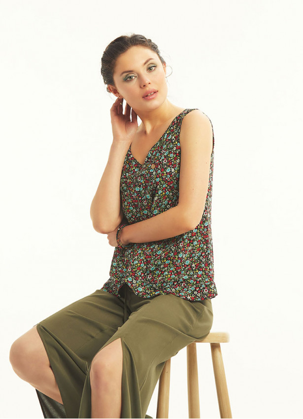 Green Floral Buttoned Navy Blue Blouse Top