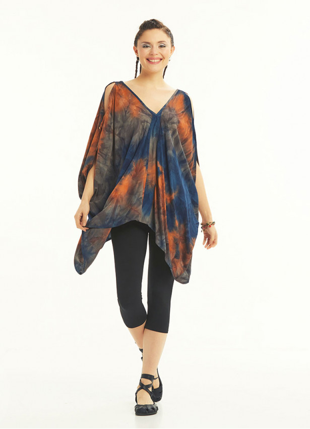 Boat Neck Loose Open Shoulder Blue Dye Blouse